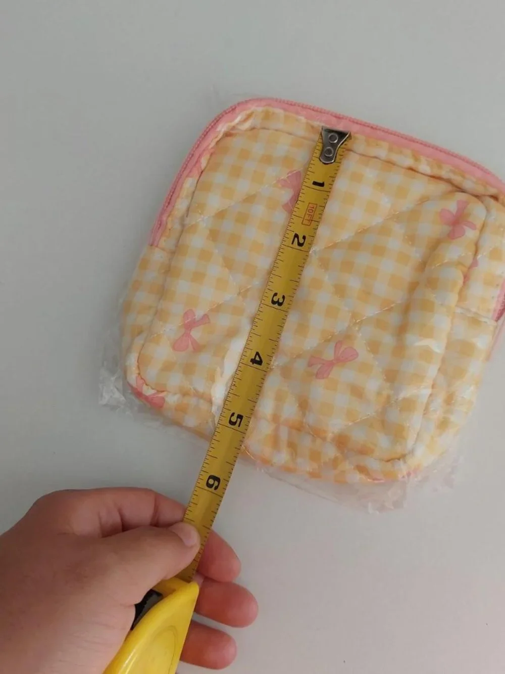 yellow gingham make up pouch small square bag